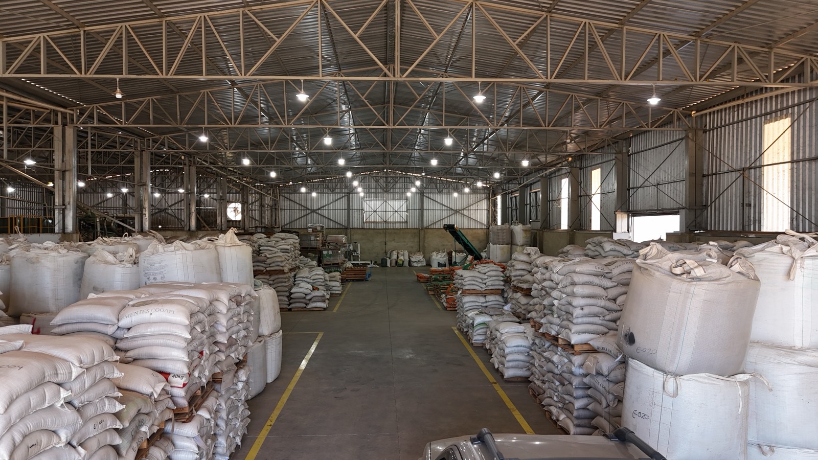Armazém de estocagem da SP Agro com sementes organizadas em big bags e sacaria